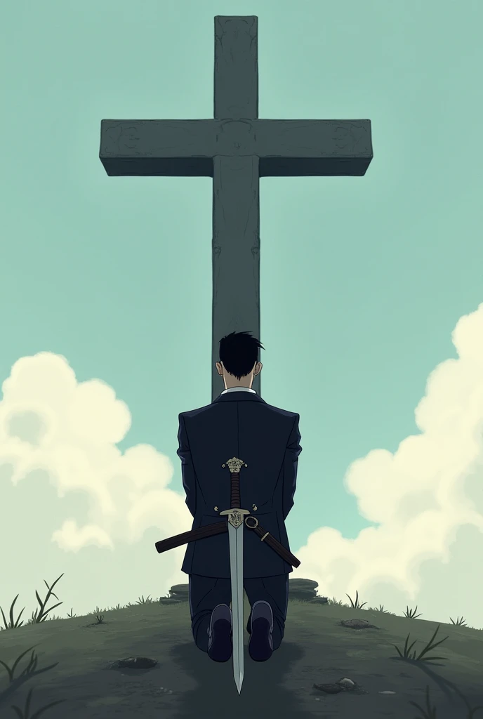  animation man in a suit kneeling on one leg supported by a sword, looking straight ahead at a large cross