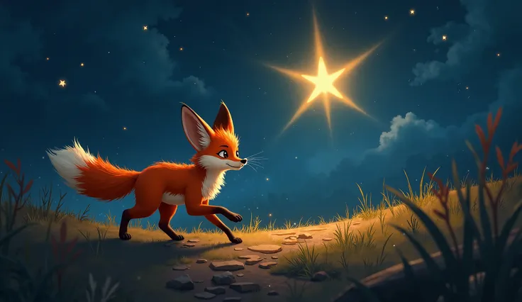 A red fennec fox with long ears walking in with only a Star guilding her on the way 