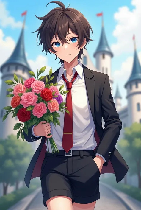 Anime boy who is seventeen years old with brown hair with bangs and black locks and slanted eyes blue eye color his light skin tone shy expression wears a white shirt a slightly loose red tie a black jacket and black shorts he is holding a bouquet of flowe...