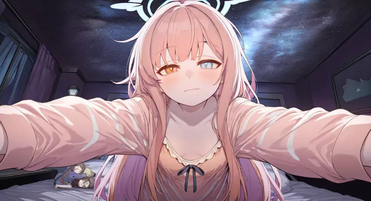 (Extremely detailed 8k unity CG wallpaper), Blue Archive, Hoshino Takanashi, pink hair, heterochromia of blue (right) and orange (left) eyes, solo, fang, anatomically correct, small breast (clothed),(soft dark) straight long hair, closed mouth, Sleep wear ...