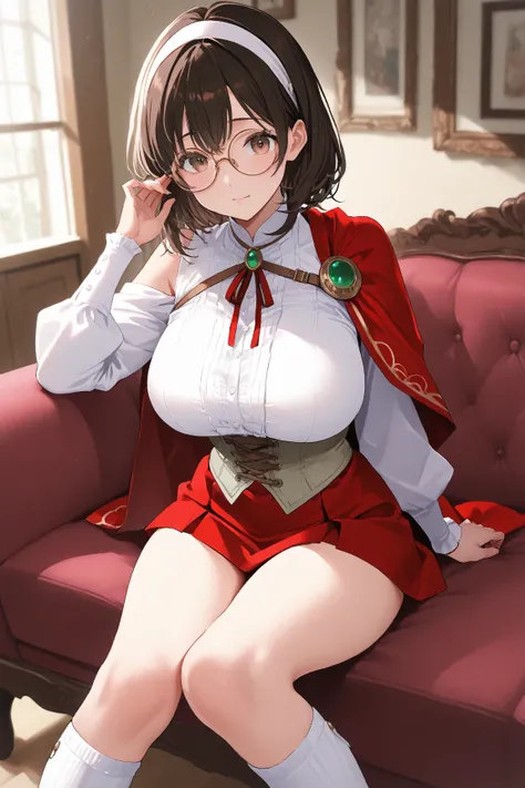 １woman　24 years old　 living room sofa　chiffon bob 　　 black brown hair　 white headband　 round frame glasses with small strap　 brown eyes　Big Breasts　white shoulder cape　grey corset　red and green short tie　White long sleeve blouse　 red mini skirt　 white knee...