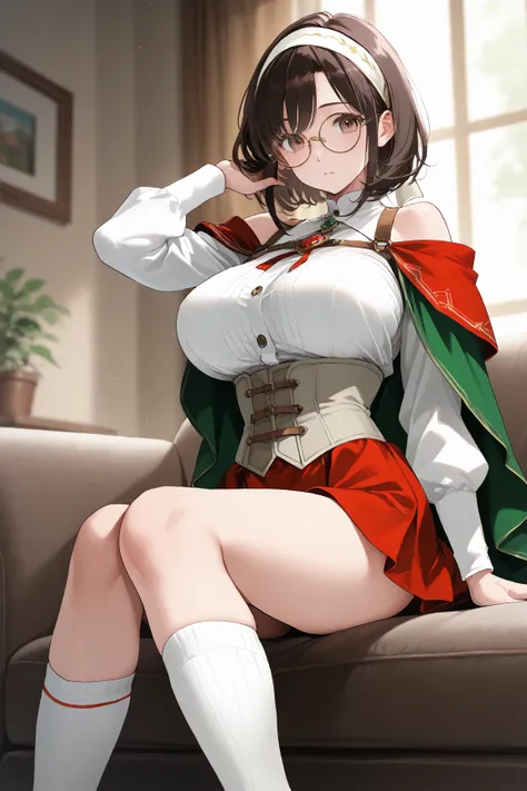 １woman　24 years old　 living room sofa　chiffon bob 　　 black brown hair　 white headband　 round frame glasses with small strap　 brown eyes　Big Breasts　white shoulder cape　grey corset　red and green short tie　White long sleeve blouse　 red mini skirt　 white knee...