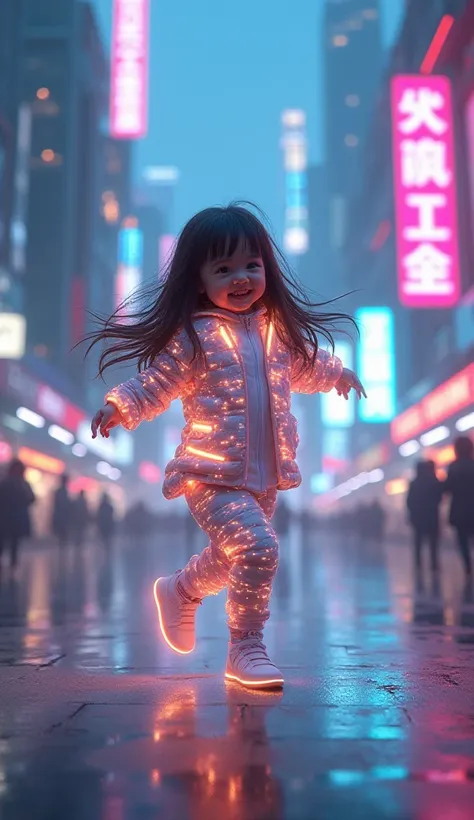 A baby girl with long hair wearing futuristic and technological clothing with LEDs , She is dancing cheerfully and happily in a Cyberpunk-style city of the future