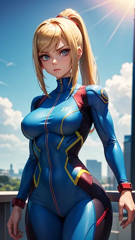 Female character Samus Aran in his classic blue jumpsuit, muscular,  thin waist,  defined abdomen, bee, blonde with hair tied up,  blue eyes, determined gaze,  medium breasts .