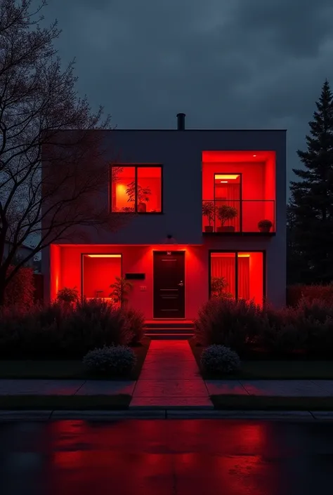  Meta AI ,  please send me an image at night of a house from the outside in the style 50 shades of gray,  with red LED lights ,  the walls painted in passionate red and that the vibe of that house is very sexual .  That the house is a neighborhood and that...