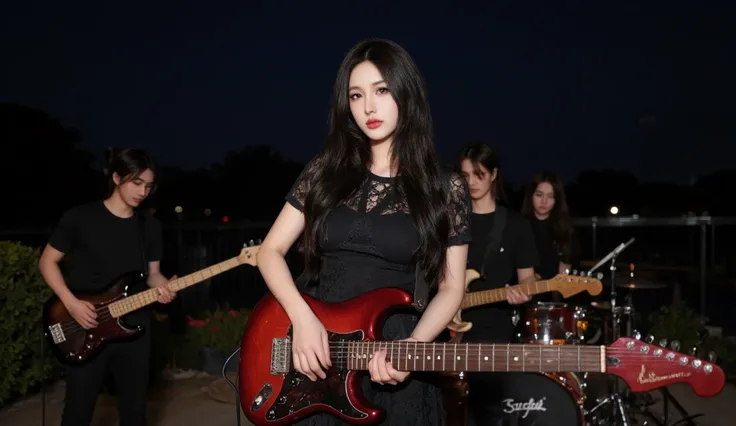 Close-up of face, bright female face, dark night sky background, beautiful woman with long black hair playing red electric guitar alone, wearing short-sleeved black Gothic Lolita dress, electric guitar behind her, three dressed in black A man is playing th...