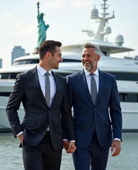  A photo of Finance Bro standing in front of a luxury yacht with the Statue of Liberty in the background,original,30 YEARS,  male , Hair styling ,  wears a navy blue suit with tie , Walk around New York City holding the happy hand of a mature 40-year-old m...