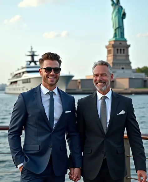  A photo of Finance Bro standing in front of a luxury yacht with the Statue of Liberty in the background,original,30 YEARS,  male , Hair styling ,  wears a navy blue suit with tie , Walk around New York City holding the happy hand of a mature 40-year-old m...