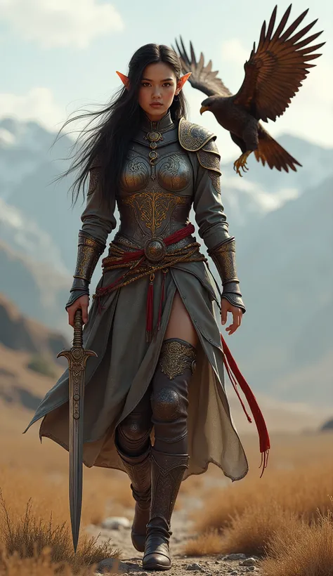 A young female elf warrior from Kazakhstan, depicted in ultra-realistic 3D style, captured in a dynamic, three-quarter pose as she walks confidently with a serious expression, sexy, big boobs. Her long, dark hair flows around her shoulders, adorned with tr...