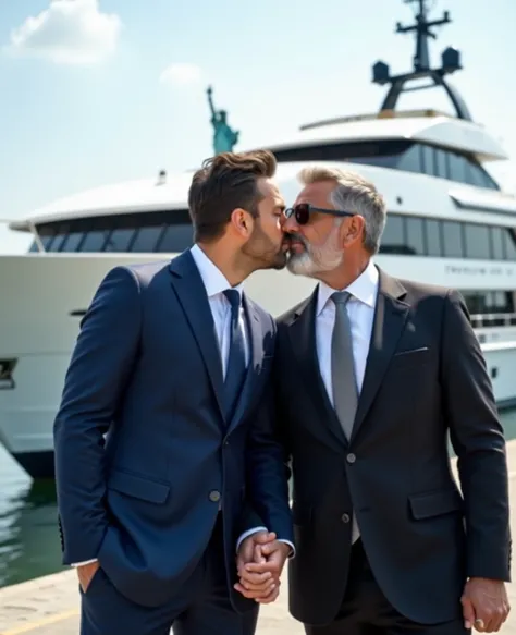  A photo of Finance Bro standing in front of a luxury yacht with the Statue of Liberty in the background,original,30 YEARS,  male , Hair styling ,  wears a navy blue suit with tie , She walks around New York City happily holding hands and kissing a mature ...