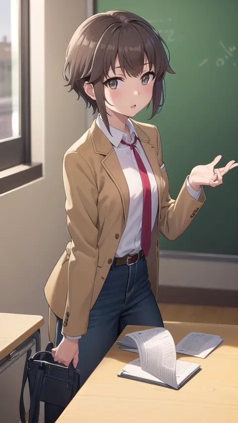 Masterpieces, Best Quality, girl, looking at viewer, sakutaazusagawa, sakuta azusagawa, short hair, brown hair, brown eyes, large breasts,
BREAK shirt, long sleeves, school uniform, jacket, white shirt, open clothes, necktie, belt, pants, blazer, red neckt...