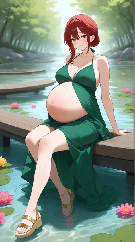 A 40-year-old pregnant woman ,  with long dark red hair and green eyes , with a slightly bulging belly due to pregnancy, wearing a green pregnancy dress and simple gold-colored sandals that clearly show her bare feet, While walking it's a path full of flow...