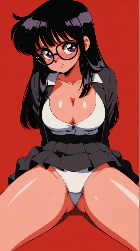 best quality, illustrator anime, A beautiful korean goth girl with glasses, dark mood, (red, white, and black hair), nerdy, cute, shy, perfect breasts, cleavage, schoolgirl, shiny skin, heavy blushing, legs spread, white panties, sitting, sexy pose, dynami...