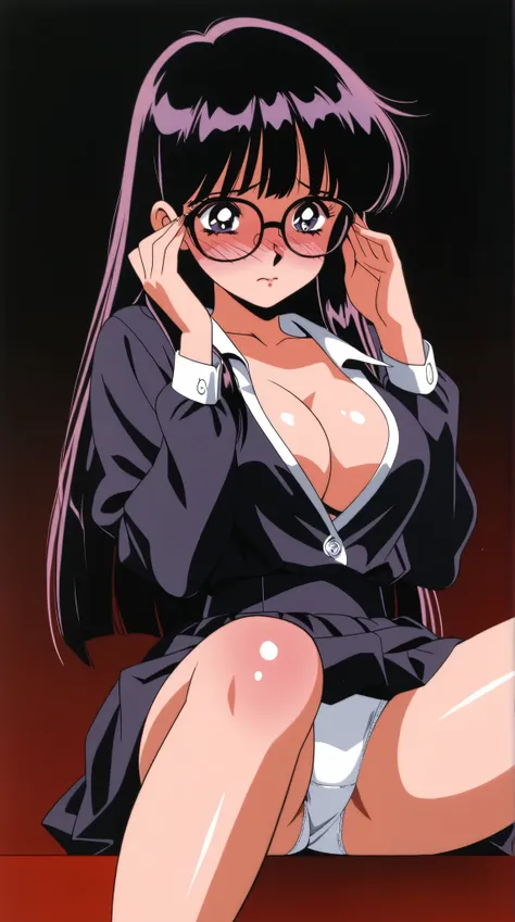 best quality, illustrator anime, A beautiful korean goth girl with glasses, dark mood, nerdy, cute, shy, perfect breasts, cleavage, schoolgirl, shiny skin, heavy blushing, legs spread, white panties, sitting, sexy pose, dynamic, pose, no background, black ...