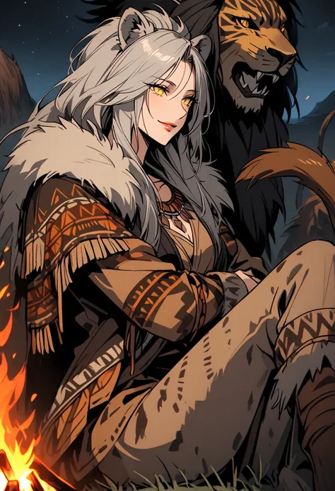  alone, female, Lion woman, Mature woman in her 50s , wrinkles:1.3, very high,  wide shoulder leather jacket, adjust,  bulky body ,  extremely long hair ,  caveman , prehistoric,  large beast claws, field, night, bonfire, close up,  split pupils,  Yellow E...