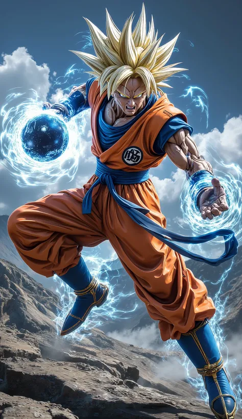 Goku A powerful warrior in ultra-realistic live-action style, with bright spiky golden hair, in a dynamic pose while carrying an energy sphere with both hands extended in front of him. He wears an orange martial arts uniform with blue details, including bl...