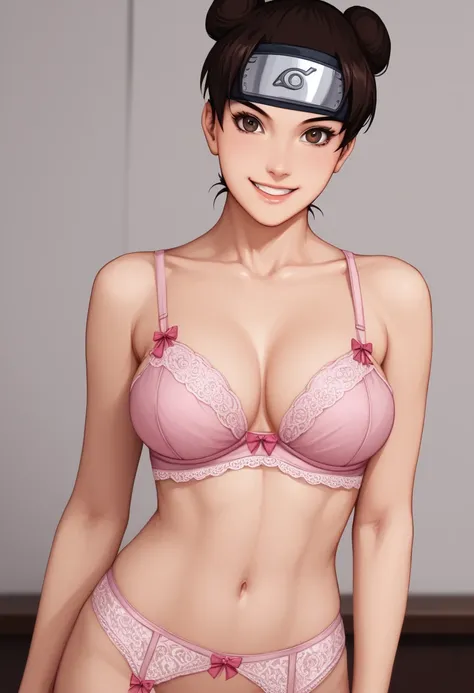 Pass Sensual, Dynamic poses, Tenten Shippuden , 1 garota, Alone,  big boobs,  forehead protector ,  symbol of Konohagakure ,  headband ,  looking at the viewer,  lingerie, abdomen, standing,  shy smile,  perfectly highlight complex anatomical features.  SF...