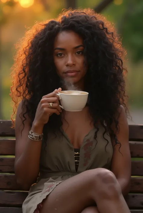 (Ultra-realistic, high quality, professional photo quality) A Black woman with long, naturally curly type 3A hair flowing to her waist, sitting on a wooden park bench while holding and sipping a steaming coffee cup. Her skin is illuminated by a soft, golde...