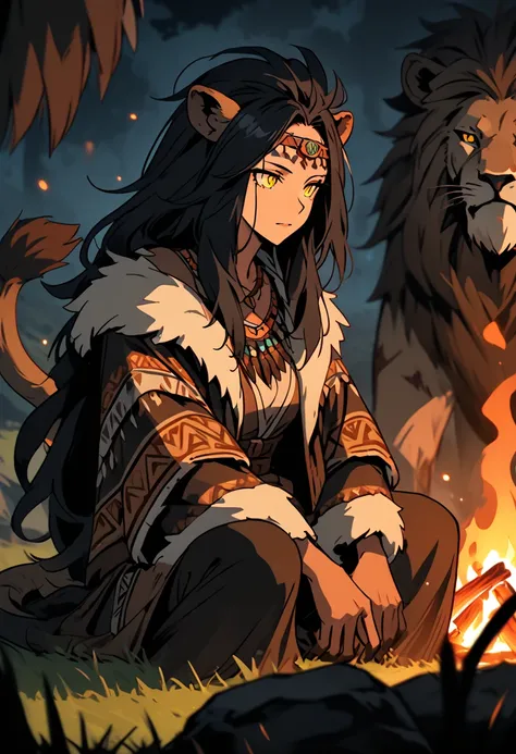  alone, female, Lion woman, elderly, old witch, wrinkles, very high,  wide shoulder leather jacket, adjust,  bulky body ,  extremely long hair ,  caveman , prehistoric,  large beast claws, field, night, bonfire, close up,  split pupils,  Yellow Eyes , barb...