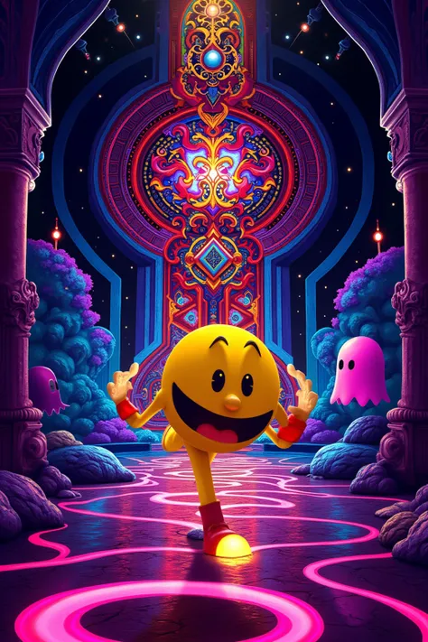 Pac Man charges towards a mystical door inside a Pac Maze, the colorful ghost chase close behind him.