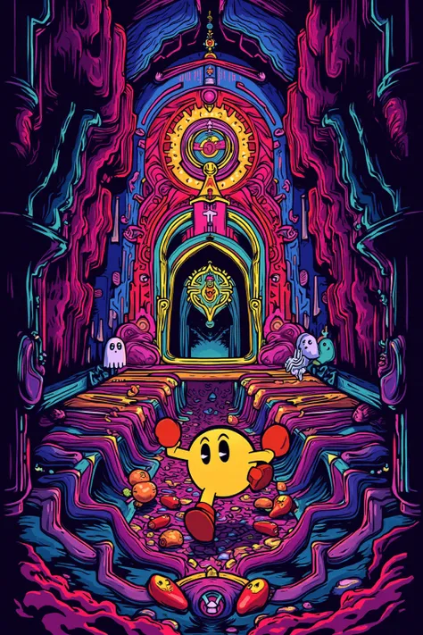 Pac Man charges towards a mystical door inside a Pac Maze, the colorful ghost chase close behind him.