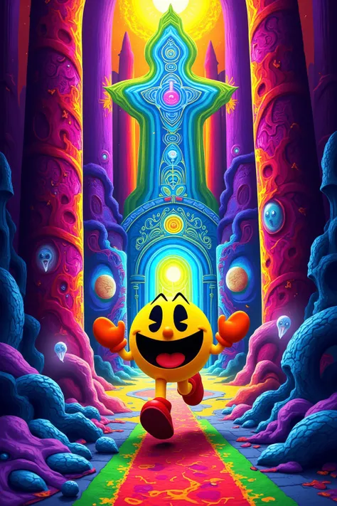 Pac Man charges towards a mystical door inside a Pac Maze, the colorful ghost chase close behind him.