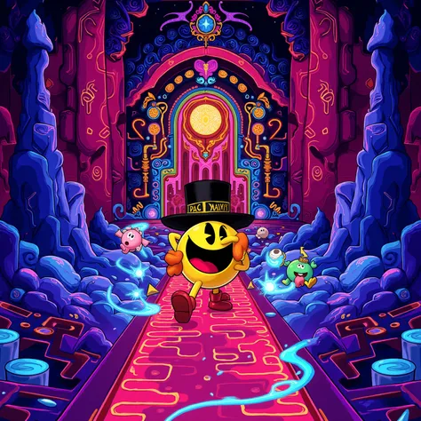 Pac Man charges towards a mystical door inside a Pac Maze, the colorful ghost chase close behind him.