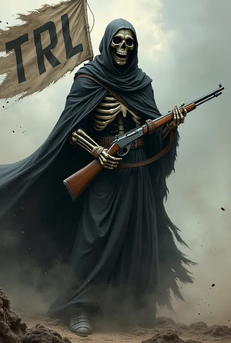 Grim reaper holding an M1 garand with a flag that says TRL