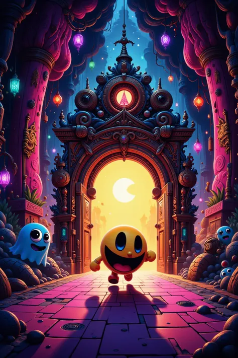 Pac Man charges towards a mystical door inside a Pac Maze, the colorful ghost chase close behind him.
