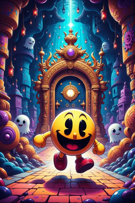 Pac Man charges towards a mystical door inside a Pac Maze, the colorful ghost chase close behind him.
