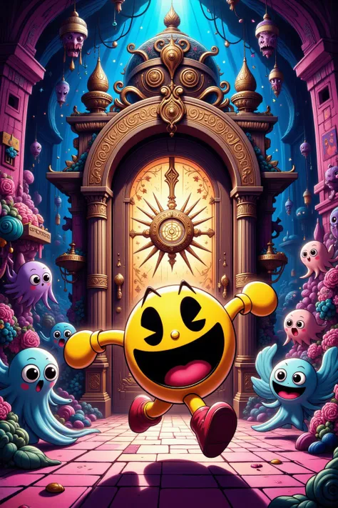 Pac Man charges towards a mystical door inside a Pac Maze, the colorful ghost chase close behind him.
