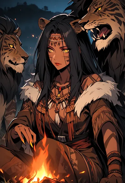  alone, female, Lion woman, Mature woman in her 50s , wrinkles on the skin:1.3, very high,  wide shoulder leather jacket, adjust,  bulky body ,  extremely long hair ,  caveman , prehistoric,  large beast claws, field, night, bonfire, close up,  split pupil...