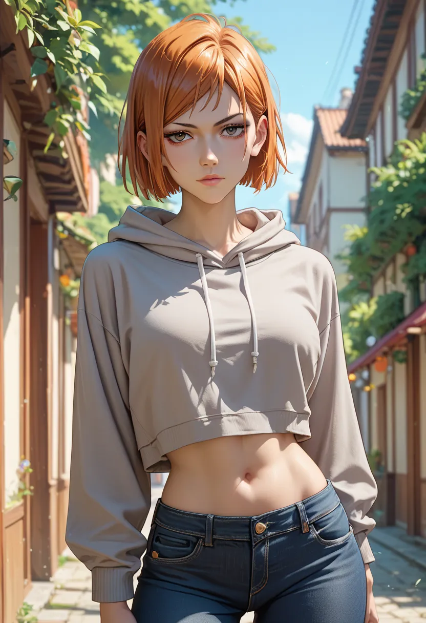  fantasy　 Top Masterpieces、anime「Jujutsu Kaisen」Touch of 　( 　  orange hair　  Short Bob　  beautiful adult makeup　　 grey hoodie、BLACK TIGHT SKINNY JEANS 、Very ingrained crotch、Pose coolly 