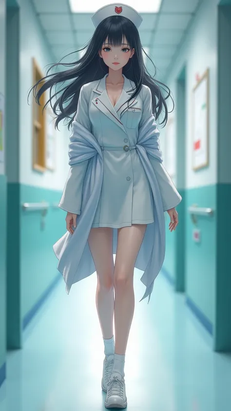  Japanese Anime（ Delicate Texture ） Nurse Uniform ，in hospital，long hair（ black）shawl，Hot body，Walking on the Aisle