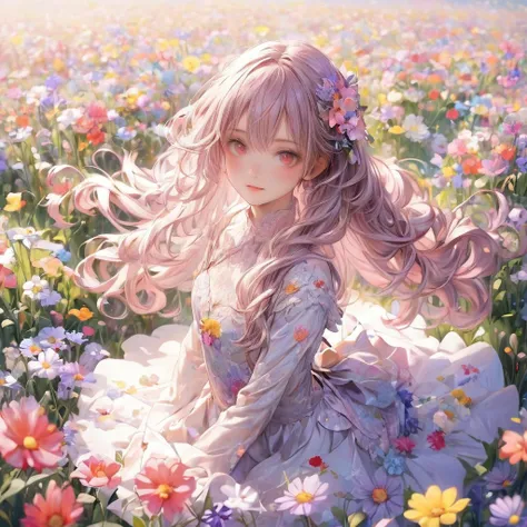 cute 、 She's a girl with red eyes with eyes shaped like flowers,  She has long curly hair  , Her hair is white with highlights.   young girl with thin sleeves  ,  The skirt of her dress has /It is made of various flowers、 Colorful Flowers 、Flower Field、Vio...