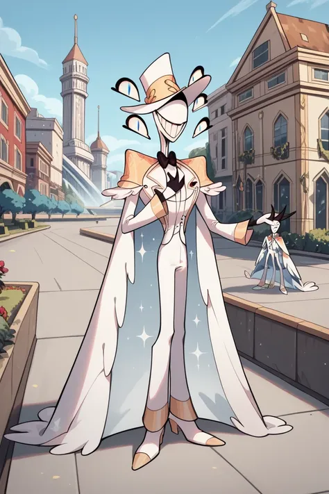 God, hazbin hotel, cape, white suit, two floating eyes, white hair, white gloves, light blue eyes, epaulletes, smile, white shoes,
BREAK
High Resolution, Best Quality, Masterpiece, city, day, park