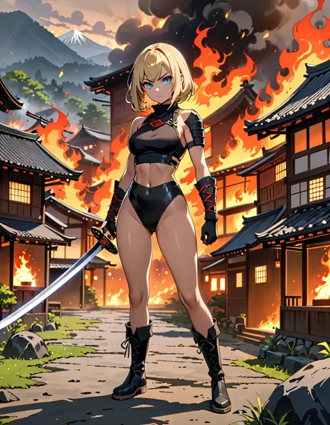 masterpiece, best quality, 8k, 1girl, blonde hair, blue eyes, boots, breasts, crop top, full body, gloves, knee boots, medium hair, medium breasts, (midriff, navel), bob hair, solo, standing, thighhighs, (turtleneck, black leotard), (bare legs), ninja, (ho...