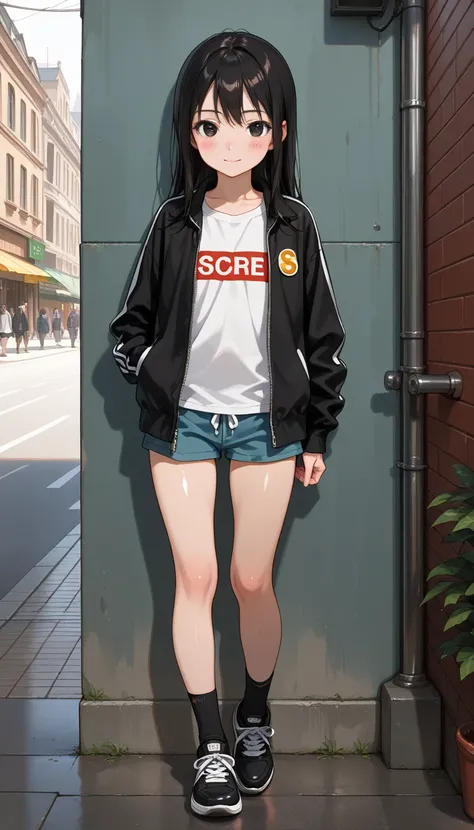 (score_9, score_8_up, score_7_up,ray tracing:1), (shiny, shiny skin), (masterpiece, best quality, amazing quality, masterpiece, 8k, high quality, detailed art), anime, 1 girl, full body, slim body, short black hair, black eyes, flat chests, white t-shirt, ...