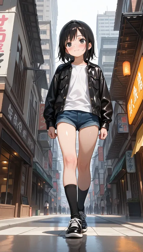 (score_9, score_8_up, score_7_up,ray tracing:1), (shiny, shiny skin), (masterpiece, best quality, amazing quality, masterpiece, 8k, high quality, detailed art), anime, 1 girl, full body, slim body, short black hair, black eyes, flat chests, white t-shirt, ...