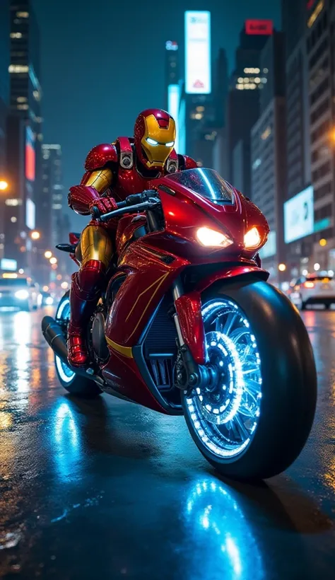 Iron Man driving a futuristic motorcycle in the city of Manhattan at night, Iron Man's armor is high tech and red and yellow. The motorcycle's engine and wheels have blue sparkles that enhance its futuristic design. Highlight the primary colors in the comp...