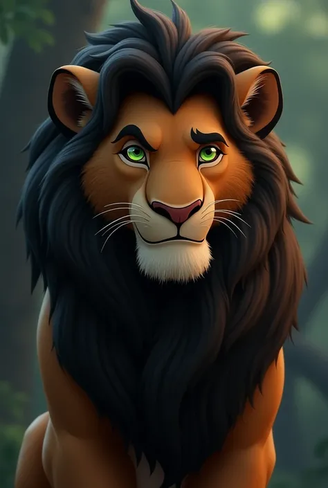  in the style of the Lion King ,  he is a young adult lion .  He has a dark and abundant mane ,  although slightly disheveled ,  with tufts that fall on her forehead .   Her eyes are an intense green color ,  and his gaze reflects a complex physical contra...