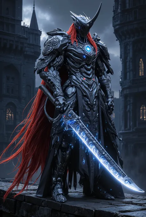 detailed Cyberpunk, christian, full-armored knight. The armor is adorned with elaborate engravings resembling mythical beasts intertwined with cyber runes. Long detailed and ornamented glowing sword held in right hand, blue sapphire gems enhanced in the ar...