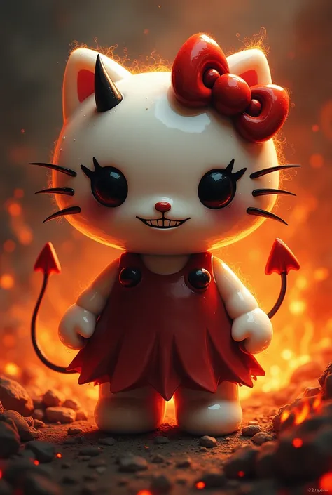 Hello Kitty devil mode but tender and with a fire background 