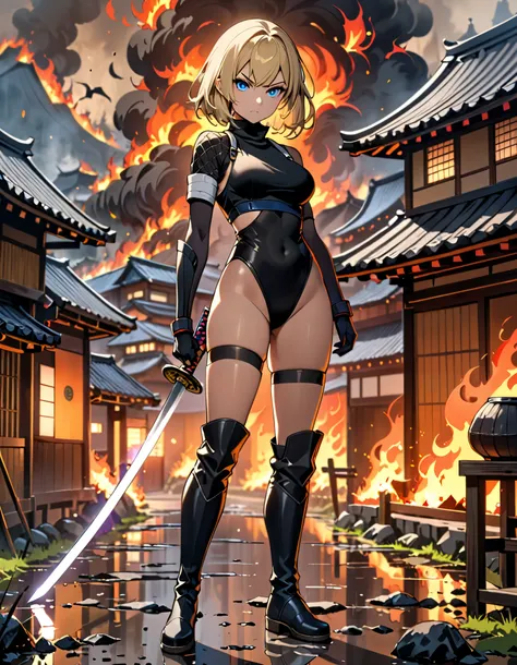 masterpiece, best quality, 8k, 1girl, blonde hair, blue eyes, boots, breasts, crop top, full body, gloves, knee boots, medium hair, medium breasts, (midriff, navel), bob hair, solo, standing, thighhighs, (turtleneck, black leotard), (bare legs), ninja, (ho...