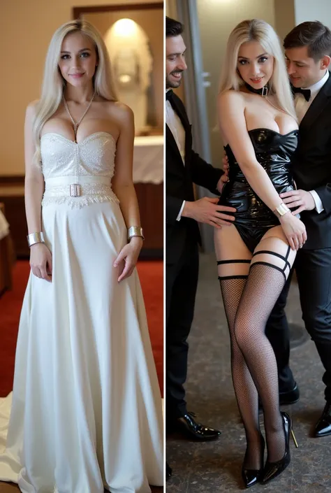 side-by-side Images ((innocent cute and sexy perverted))(Blonde and young), Side by side pictures, Two pictures of the same girl, (innocent cute and sexy kinky) (Blonde and young), on the left side is the young woman dressed in her wedding clothes in churc...