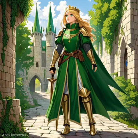 It's a princess with golden blond hair , Wearing moss green medieval military uniform,  looking ahead with sharp emerald green eyes.  full body, Art by Greg Rutkowski