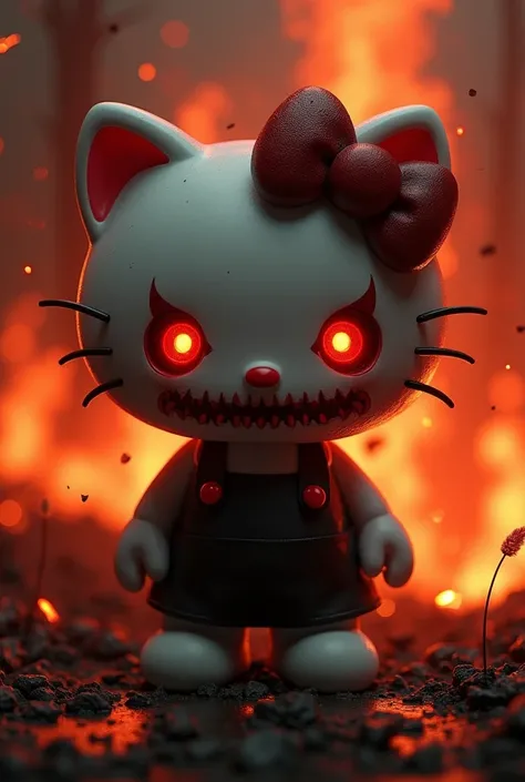 Hello Kitty without a mouth devil mode but tender and in the background of fire 