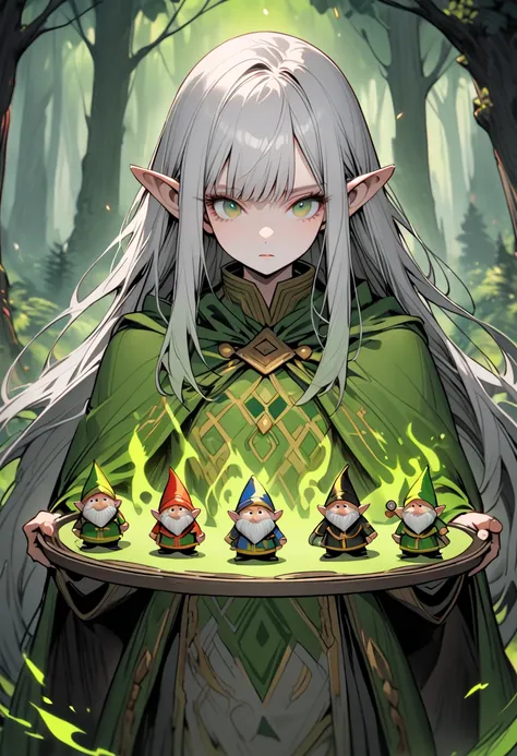  alone, close up, woman,  extremely long hair ,  gray hair,  Green Eyes Pants, gnome, mago, team,  forest, green mago, cape, magic, aging, platters,  big ears , vestments, cups