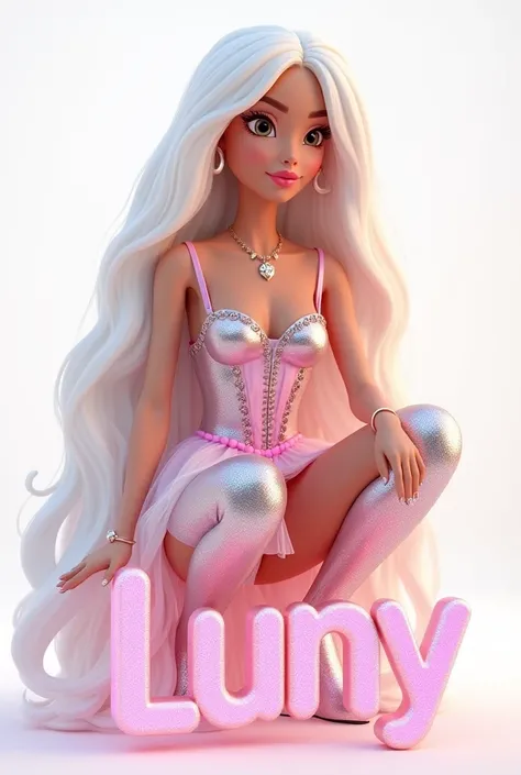 A beautiful  brunette Fairy Barbie style in 3D with long straight  half of hair white blonde  silver and half darkest brown hair with beautiful like goodness wearing a  baby  pastel pink , magenta and white  silver corset and a baby pastel pink ,  magenta ...