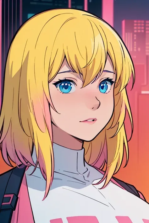 solo, 1girl, (masterpiece), (( appearance)), Blonde hair, Medium hair, blue eyes, anime girl, large breasts, pink t-shirt, cyberpunk city background